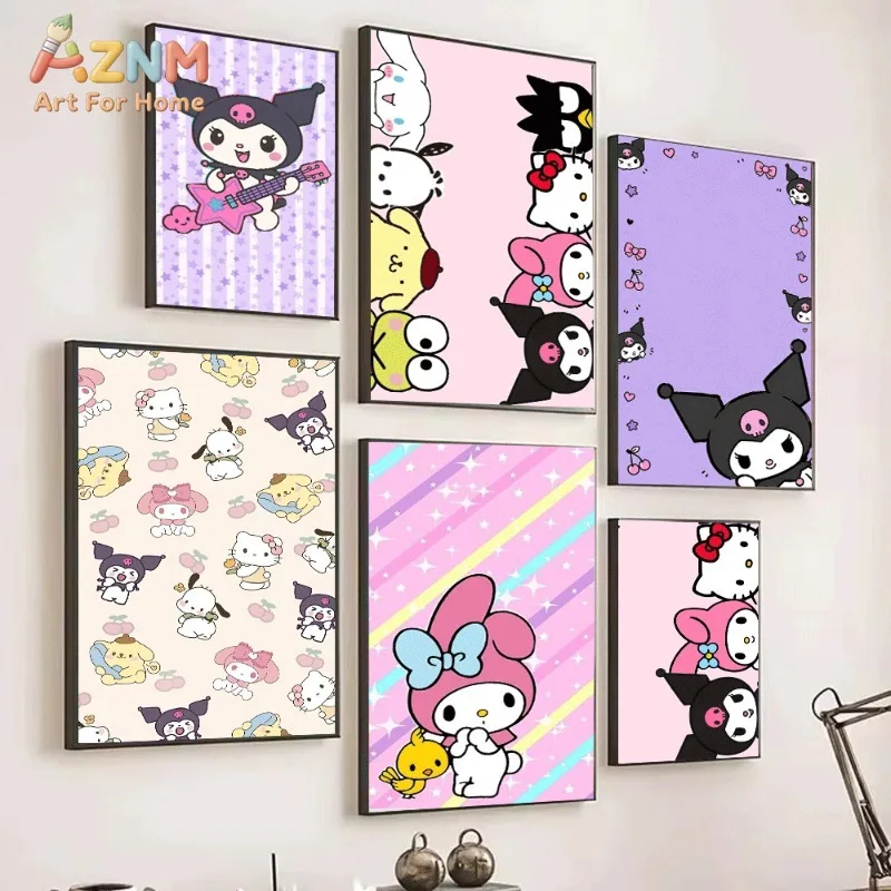 Sanrio Kuromi Canvas Wall Art Unframed Print Rock Guitar Star Stripe Cute Cartoon Poster for Bedroom Dorm Home Interior Wall De