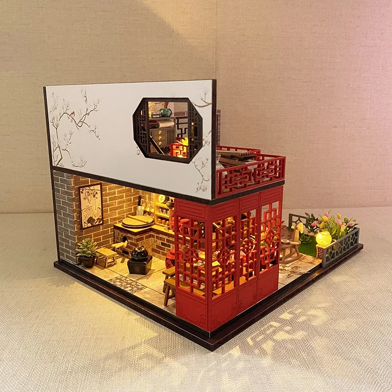 

OUZEY Wooden Doll House Miniature Building Kits with Furniture Chinese Ancient Room Assembled Casa Dollhouse DIY Toys for Girls