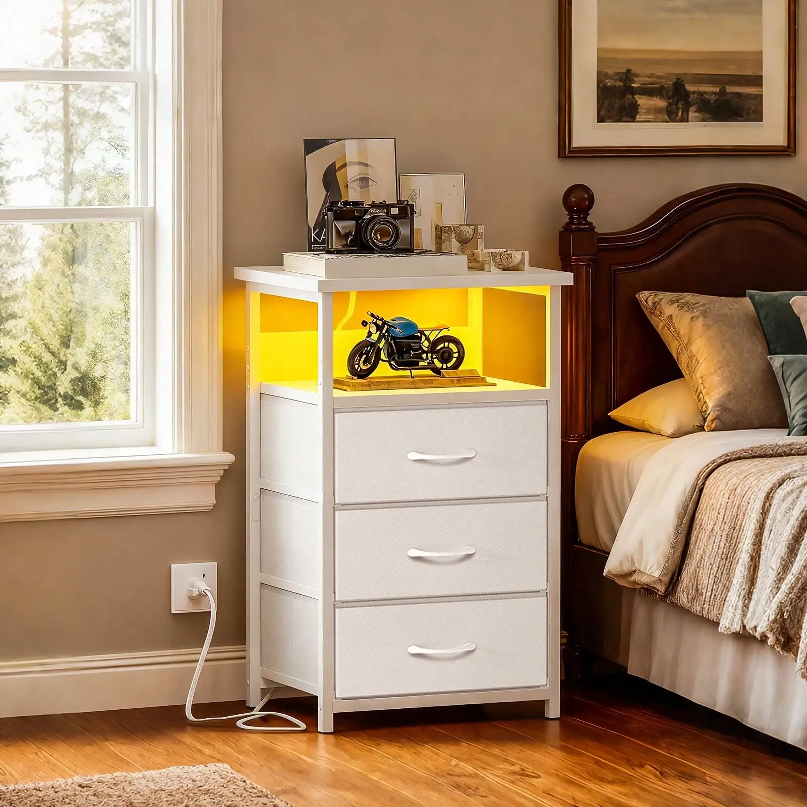 

Smart Nightstand With Charging Station & LED Light | USB Ports, Outlets & 3 PU Fabric Drawers For A Clutter-Free Be