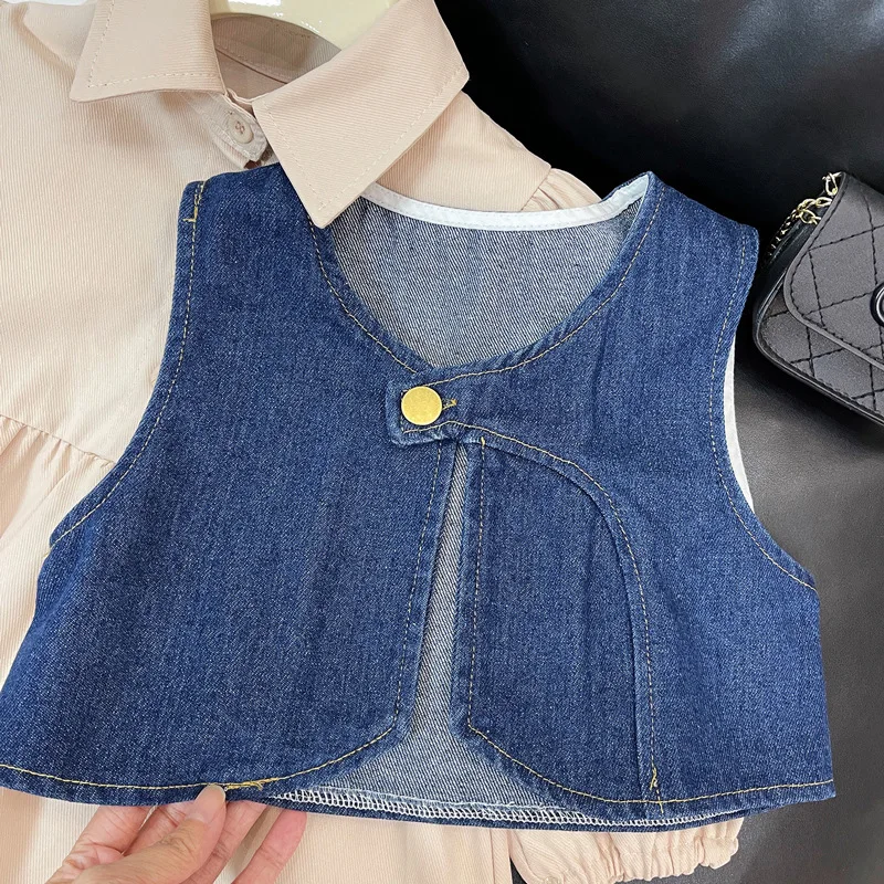 2024Spring New Girls' Denim Waistcoat Dress Two-Piece Suit Long Sleeve Children's Clothing Children Shirt Skirt Suit