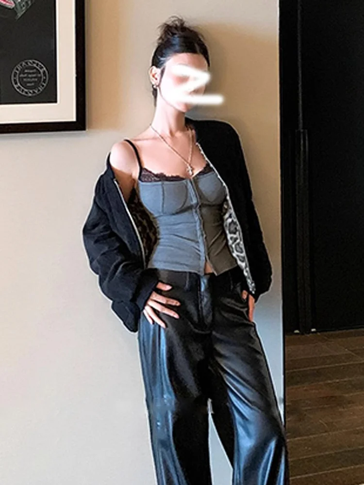 

Spicy Girl Lace Patchwork Strap Vest Women's Spring Autumn New High Waist Slim Fit Svel Top Commute Sle ort Length