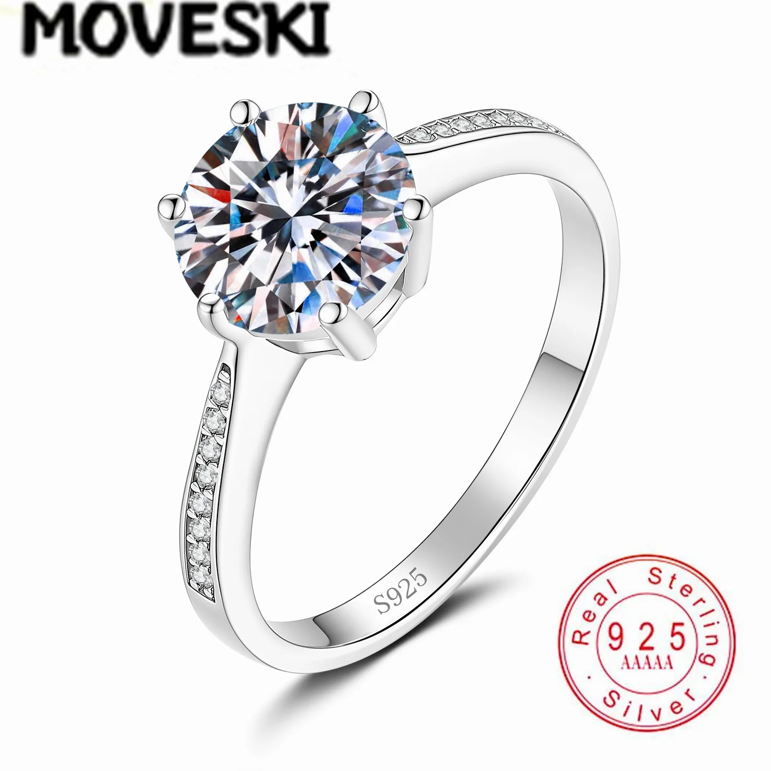 MOVESKI 2CT Round Moissanite Solitaire Ring Real 925 Sterling Silver Women Engagement Wedding Promise Fine Jewelry Gift