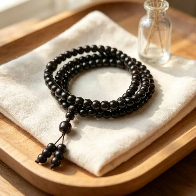 Natural Ebony Wood 108 Mala Beads Wrap Bracelet Calm & Grounding Meditation Jewelry