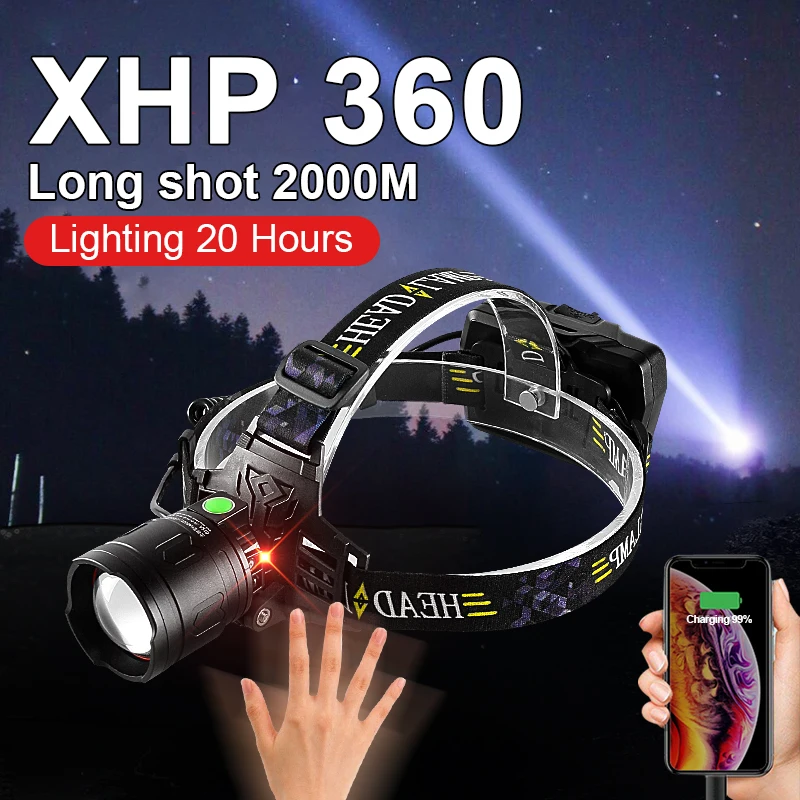 2023 Newest Powerful Led Headlight Rechargeable XHP360 LED Headlamp Induction Head Torch High Power Long Shot Fishing Lantrens