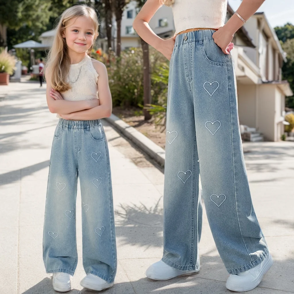 Girls' love beads denim wide-leg 2025 new product fashionable and versatile medium and large children's slimming wide-leg pants
