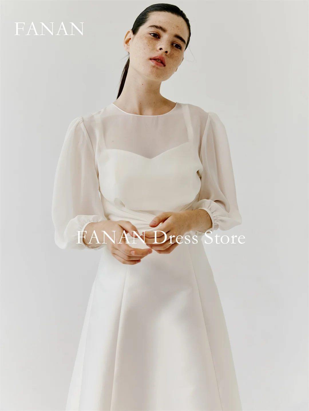

FANAN Photoshoot Korean Two Pieces Ivory Wedding Dress Customized Floor Length Puff Sleeves Classic Bride Dresses Bridal Gowns