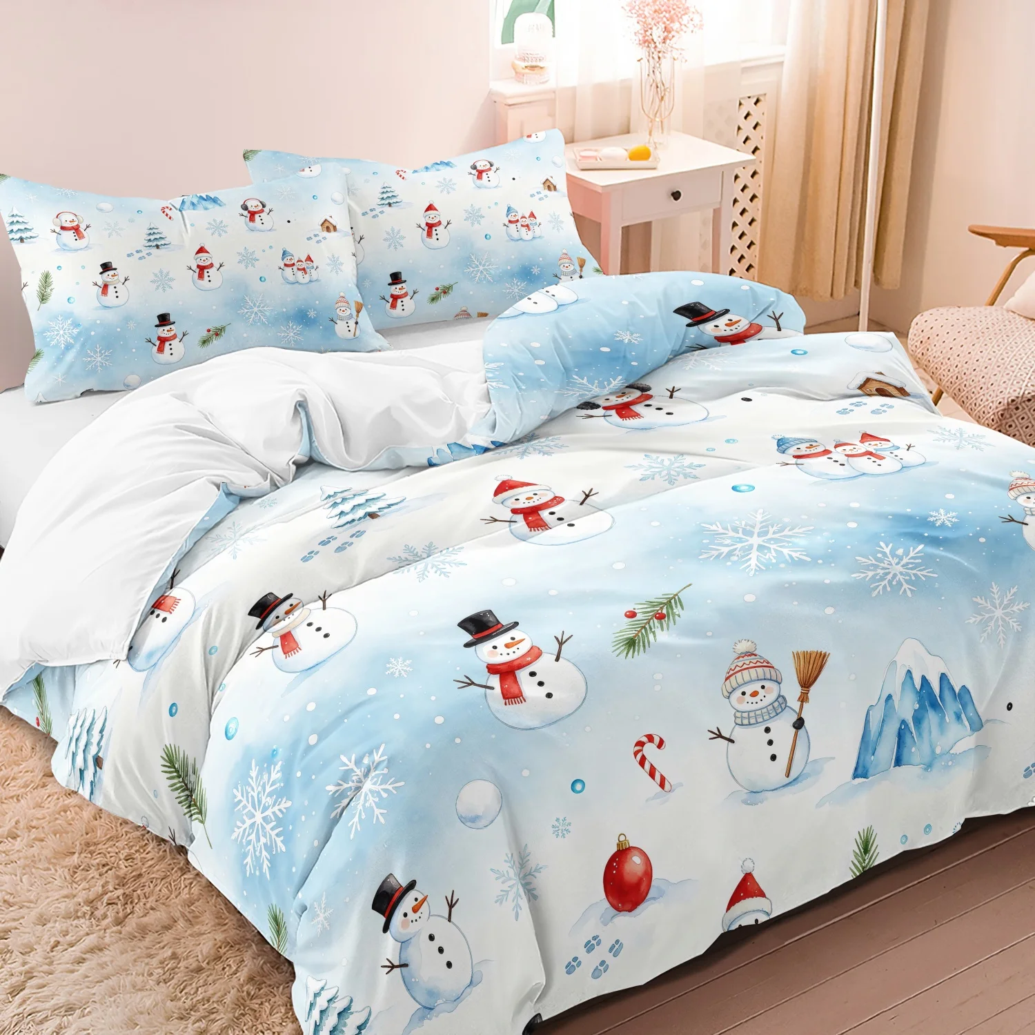 3Pcs Snowman Christmas Duvet Cover Set, Blue Cute Snowman Snowflake Mountain Xmas Tree Candy Cane Print Bedding