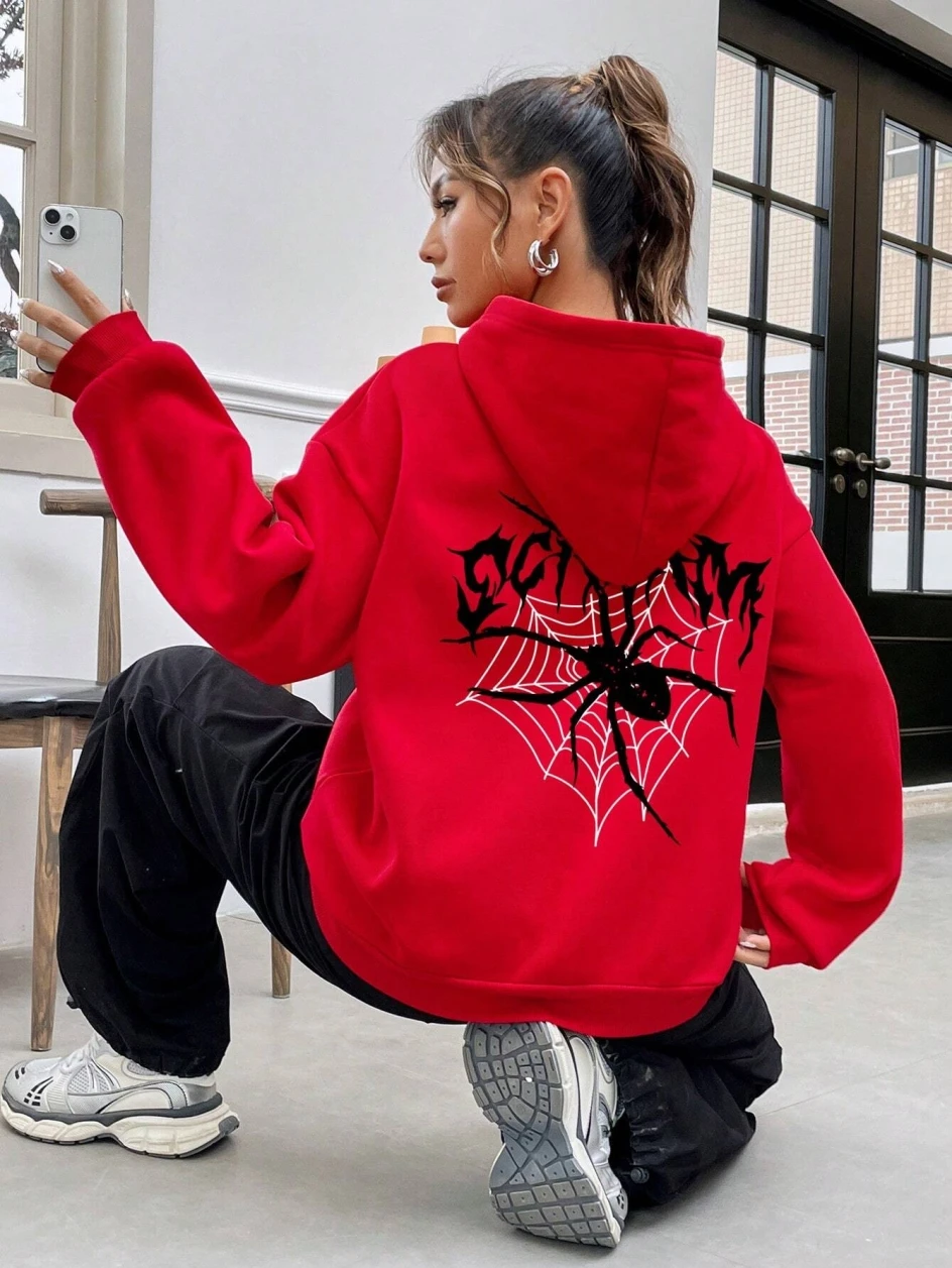 2026 Red Spider Web Printed Women Hoodies Winter Autumn Clothes Y2k Sweatshirt Top Hoodie Long Sleeve Women's Casual Clothing
