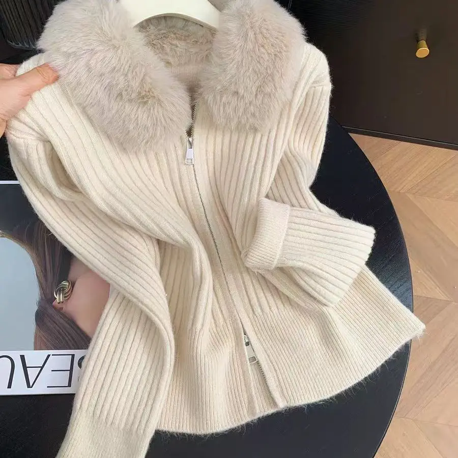 yellow fur collar double zipper long-sleeved sweater knitted cardigan women's autumn and winter  super good-looking