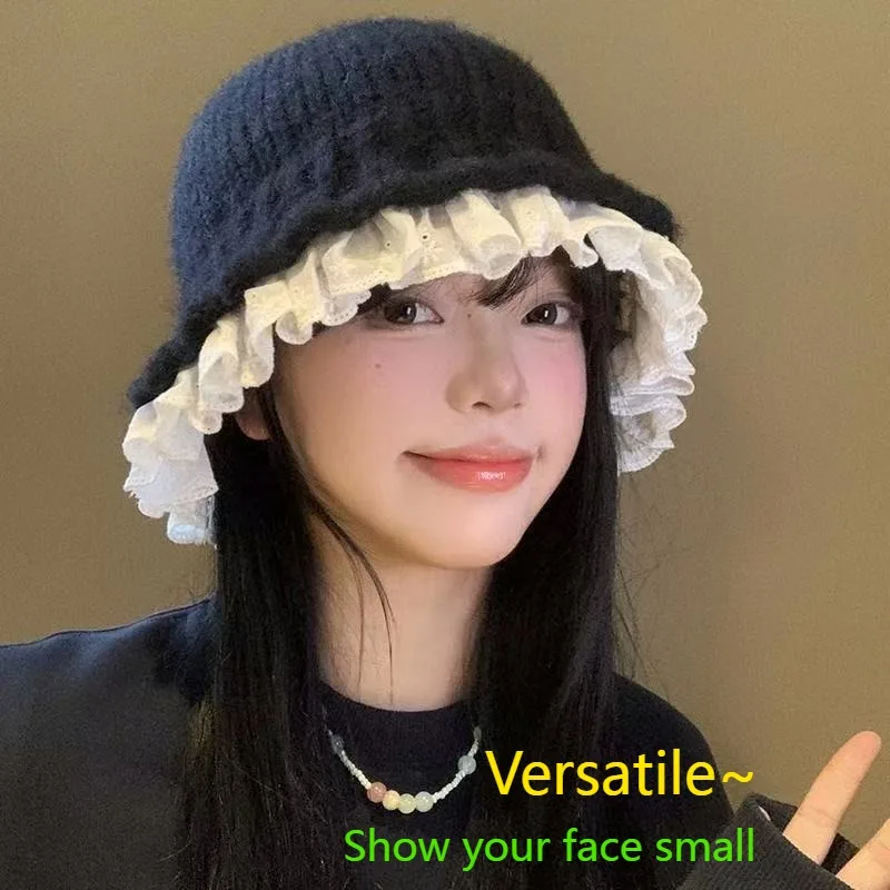 

Korean Lace Knitted Bucket Hat for Women Sweet and Warm Autumn and Winter, Versatile Face Small Bucket Beanies