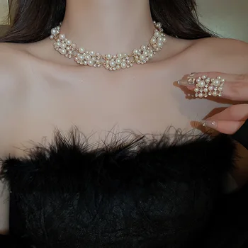 قلادات مستطيلة لؤلؤ تقليد للنساء ، أقراط مرصعة ، قلادات فرنسية عتيقة ، مجموعات مجوهرات فاخرة خفيفة من أحجار الراين