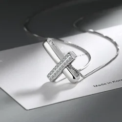 S925 Sterling Silver Crossed Zirconia Pendant Necklace For Women (40cm + 3.5cm) On Luxury Jewelry