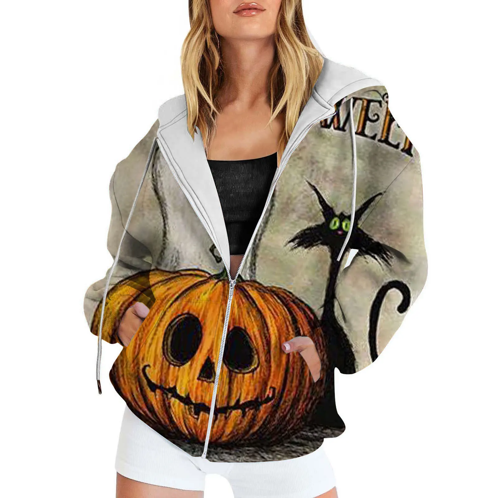 Women's Halloween Element Pattern Hoodie Hooded Long Sleeved Zipper Jacket Women's Spring Top WholesaleMC4