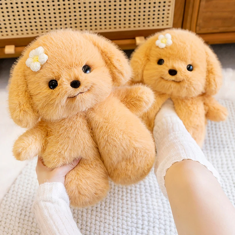 Anime Butter Bear Dog Winter Cute Flat Plush Slippers Soft Sole Non-Slip Warm Indoor Home Cotton Shoes Christmas Gifts For Girls