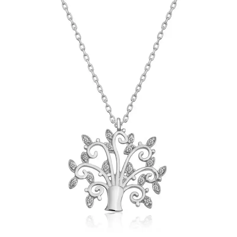 Silver Life Tree Lady Necklace 925 Sterling Women Fine Jewelry Wedding Party Birthday Gift - Box - for Stone - Pendant - Chain Choker - Female - Ladies - Fashion