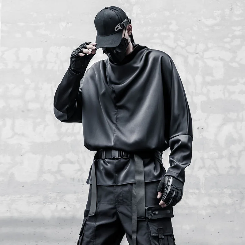 Style Stand Cut Design Half-High Collar Long Sleeves T-shirt Designer Dark Fashion Loose Batwing Sleeve Drape Top