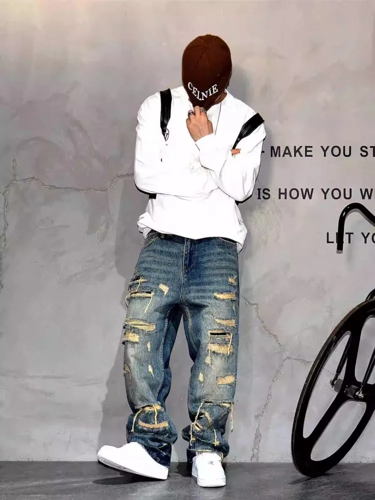 Vintage Personality Hole Ripped Men Jeans Loose Fit Straight Trousers Fashion New Casual High Street Hip Hop Denim Pants Male