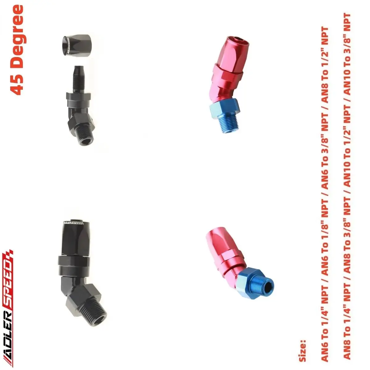 

ADLERSPEED AN6 AN8 AN10 до 1/8 дюйма 1/4 дюйма 3/8 дюйма 1/2 дюйма NPT 45 градусов поворотный адаптер для конца масляного шланга черный/красный-синий