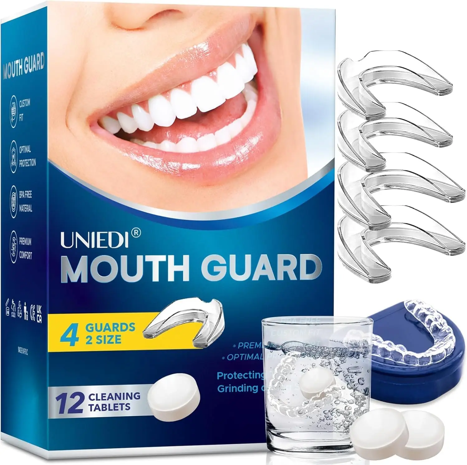 

Moldable Night Mouth Guard for Grinding & Clenching, Custom Fit for Adults, BPA-Free, with 12 Cleaning Tablets