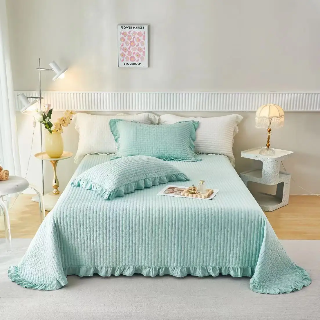 

Luxury 100% Cotton Bedspread Set 3PCS Queen Size- Lightweight Summer Quilt with Lace Trim, Soft Natural Enzyme Washed Coverlet