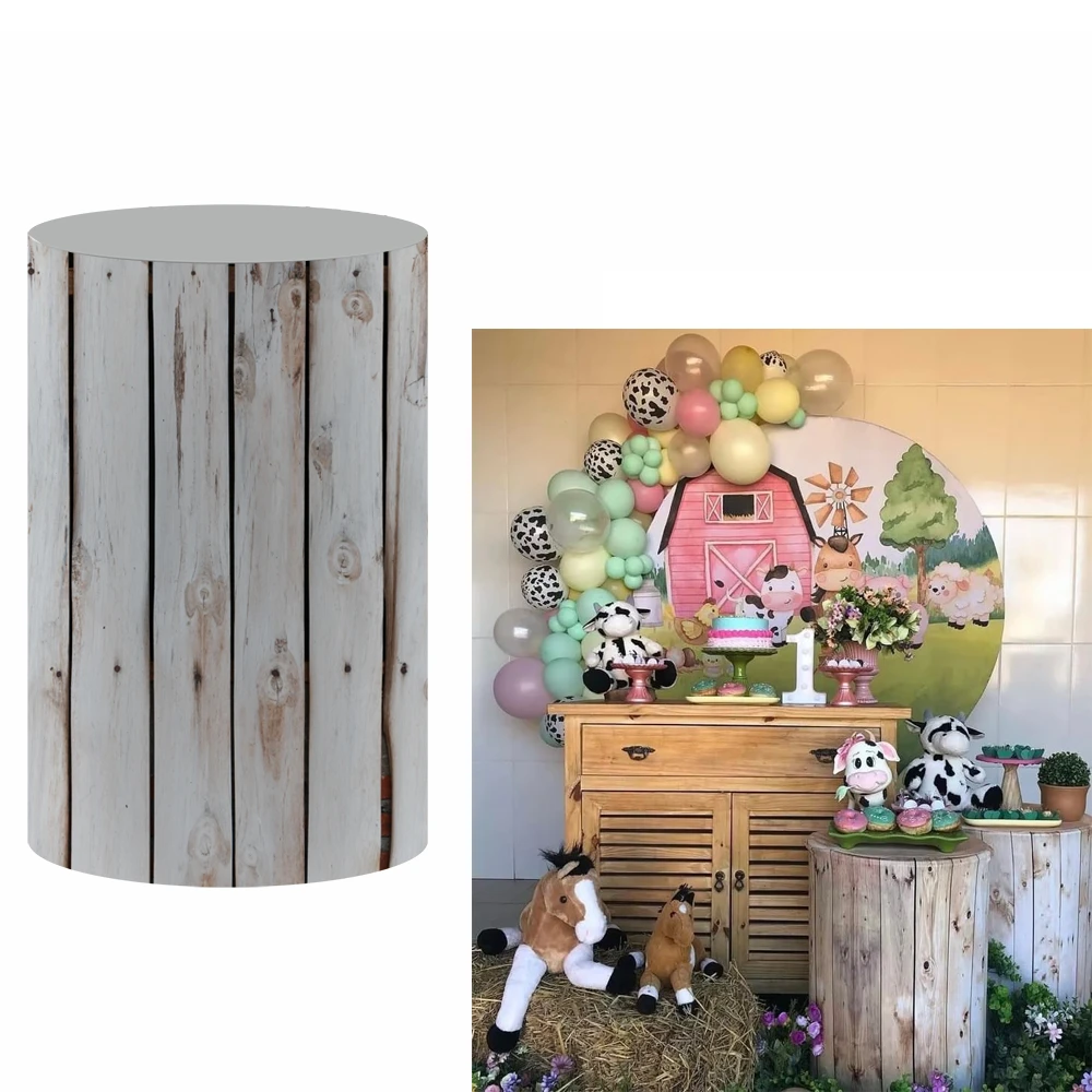 Vintage Wooden Cylinder Covers Wood Grainy Texture Pedestal Cover Birthday Party Baby Shower Desserts Tablecloth Props NO-183