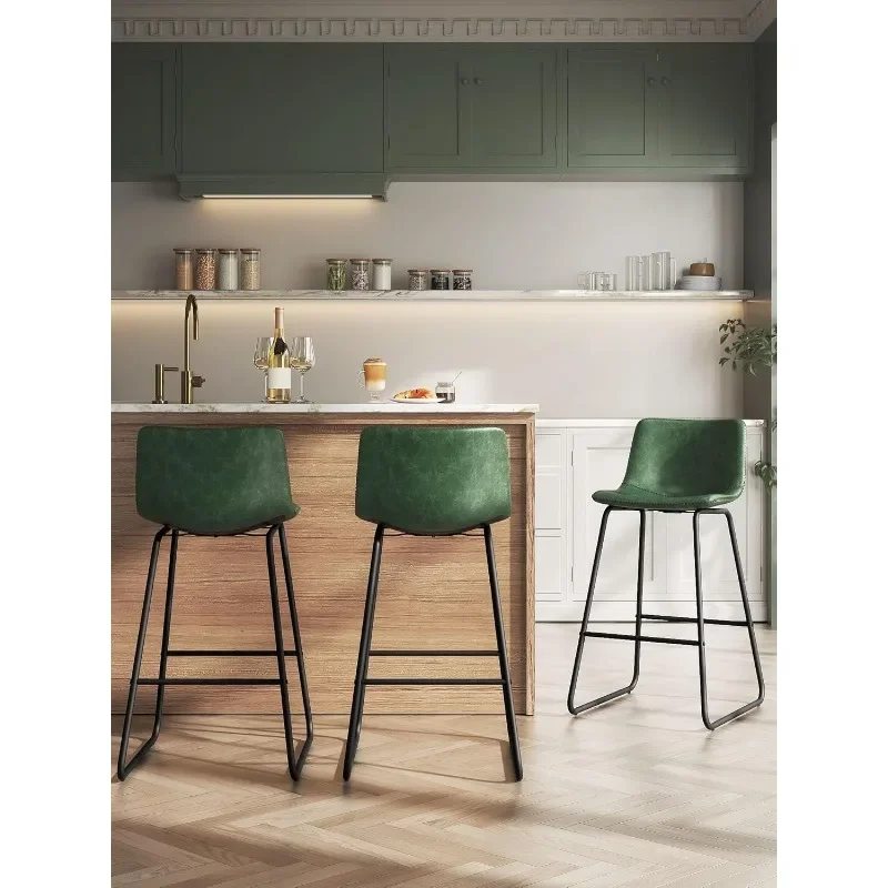 Bar Stools Set of 3,26 Inches Counter Height with Back, Faux Leather with Metal Legs and Footrest,Bar Chairs for Kitchens(Green)