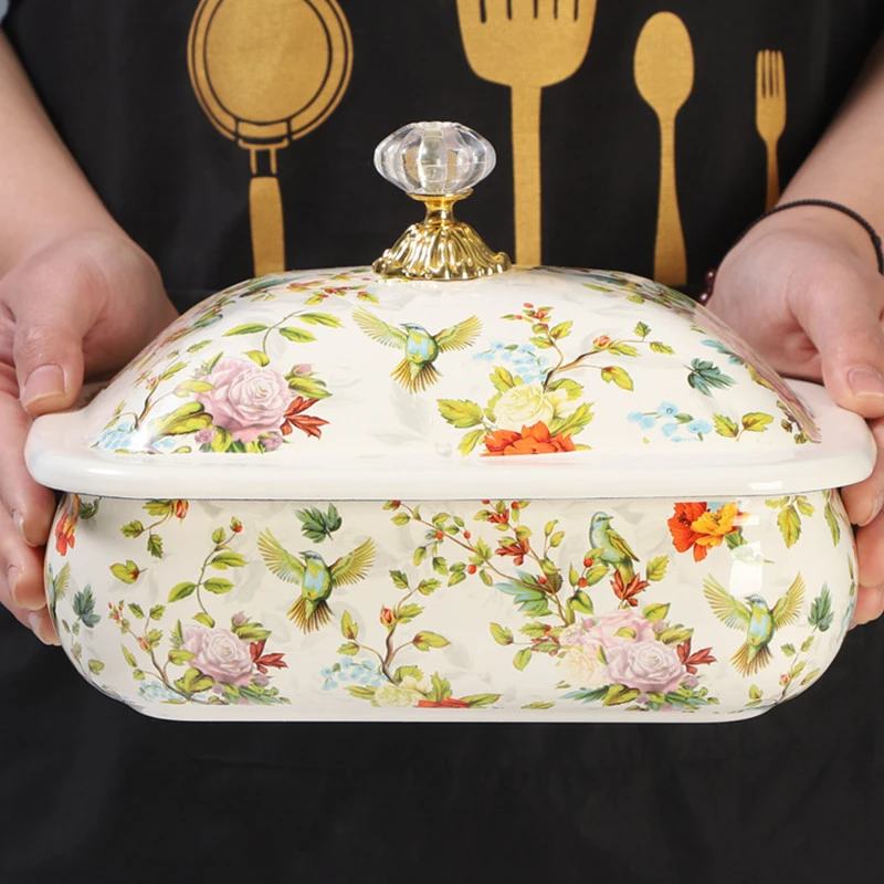 Bacino di zuppa smaltato con coperchio extra lavabo smaltato spesso modello di uccello fiore Vintage organizzatore di immagazzinaggio della cucina stoviglie per feste