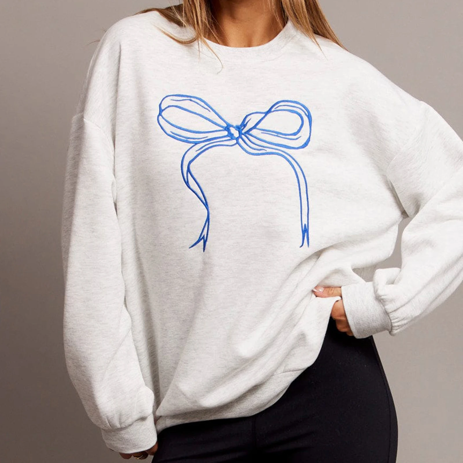 hirigin Women Cute Bow Sweatshirt Y2K Coquette Fairycore Aesthetic Long Sleeve Crewneck Oversized Sweatshirts Pullover Top