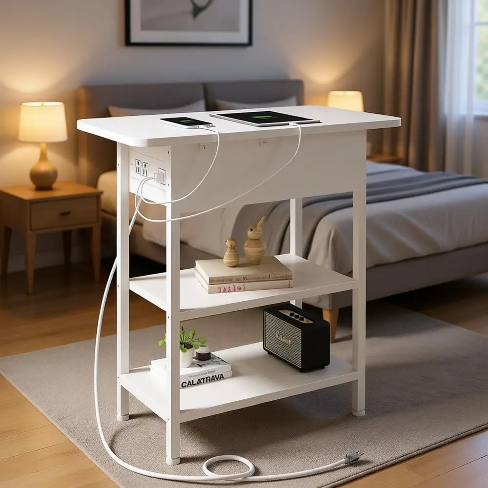

Charging Station End Table with USB Ports and Outlets for Small Spaces, White