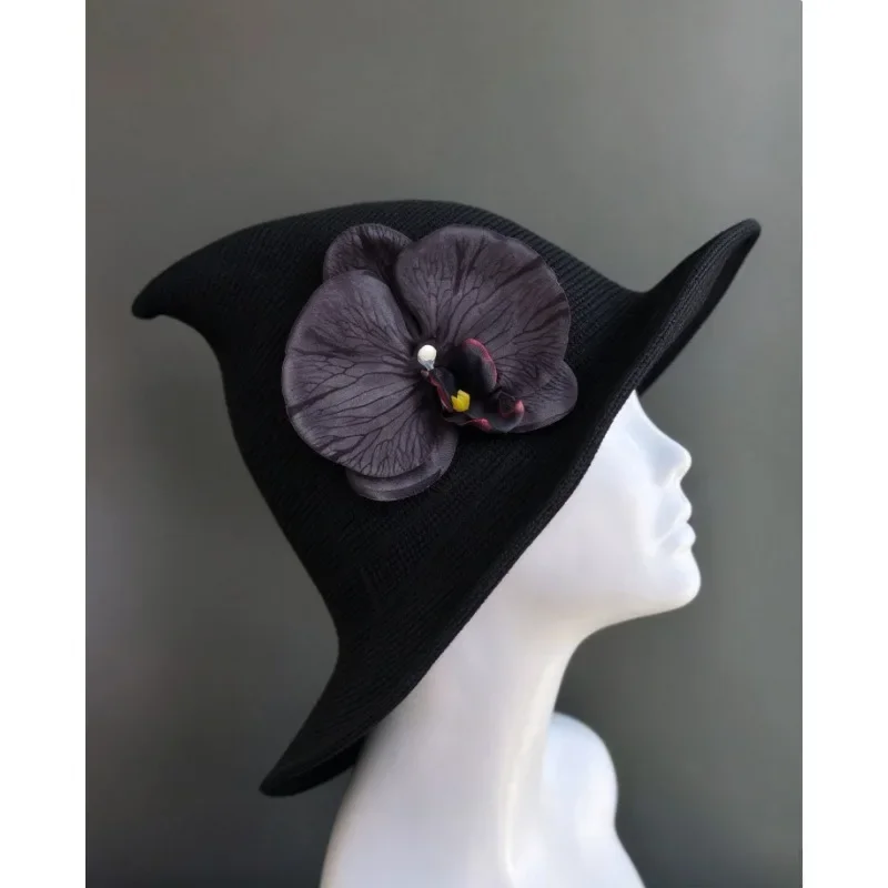 Girls Witch Hat Halloween Costume, Ash Gray Wide Brim Purple Orchid, Wool Witch Cap, Kids Party Headwear, Cosplay Accessory