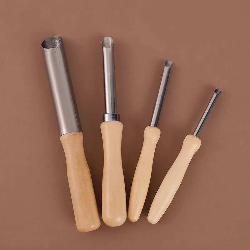 4 Pcs Wooden Handle Pottery Hole Puncher Set Stainless Steel Round Hole Cutter For Clay Ceramic Polymer Clay DIY Craft Making