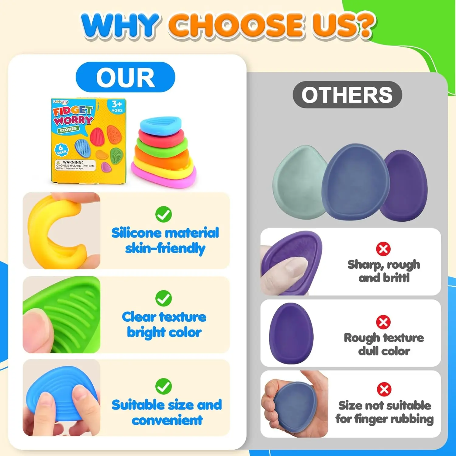 6 uds Fidget Toys piedra sensorial para niños piedra de preocupación suave texturizada para autismo Fidgets silenciosos artículos para el estrés regalo para aliviar la ansiedad