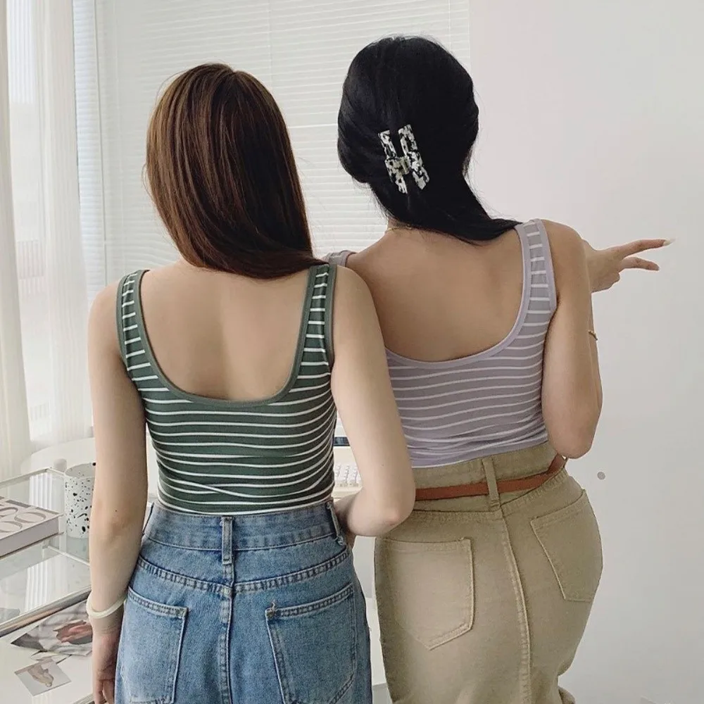 New Color-blocked Summer Striped Tank Top U-neck Anti-exposure Girlish Tank Vest with Padded Bra Backless Bra