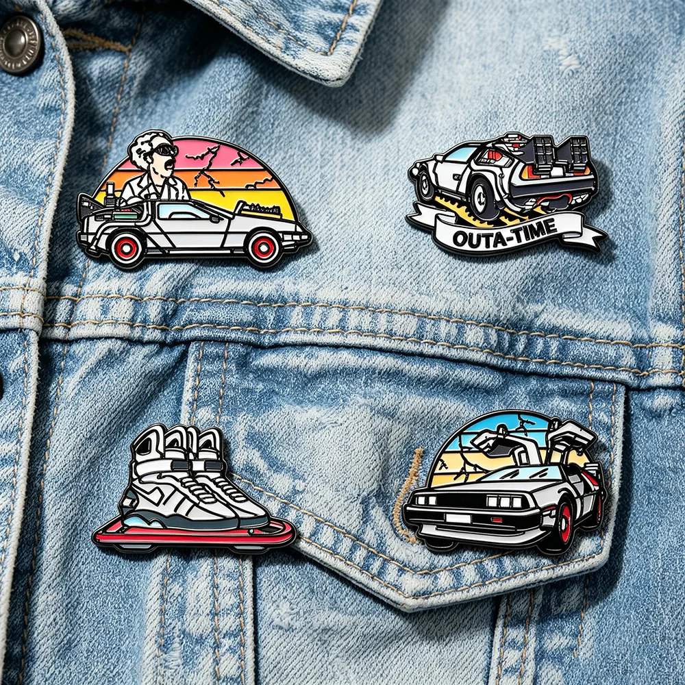 4pcs Back to The Future Classic Movie Enamel Pin Set, 4 Styles Delorean Time Mag Sneakers Vintage Brooches Fans Souvenir Badges