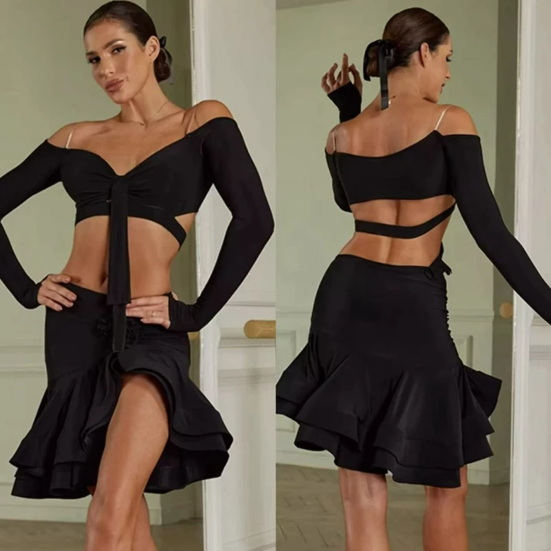

Sexy Latin Dance Costume Set for Women Off Shoulde Long Sleeve Tops Swing Skirt Adults Stage Performance Clothes Samba Dancewear