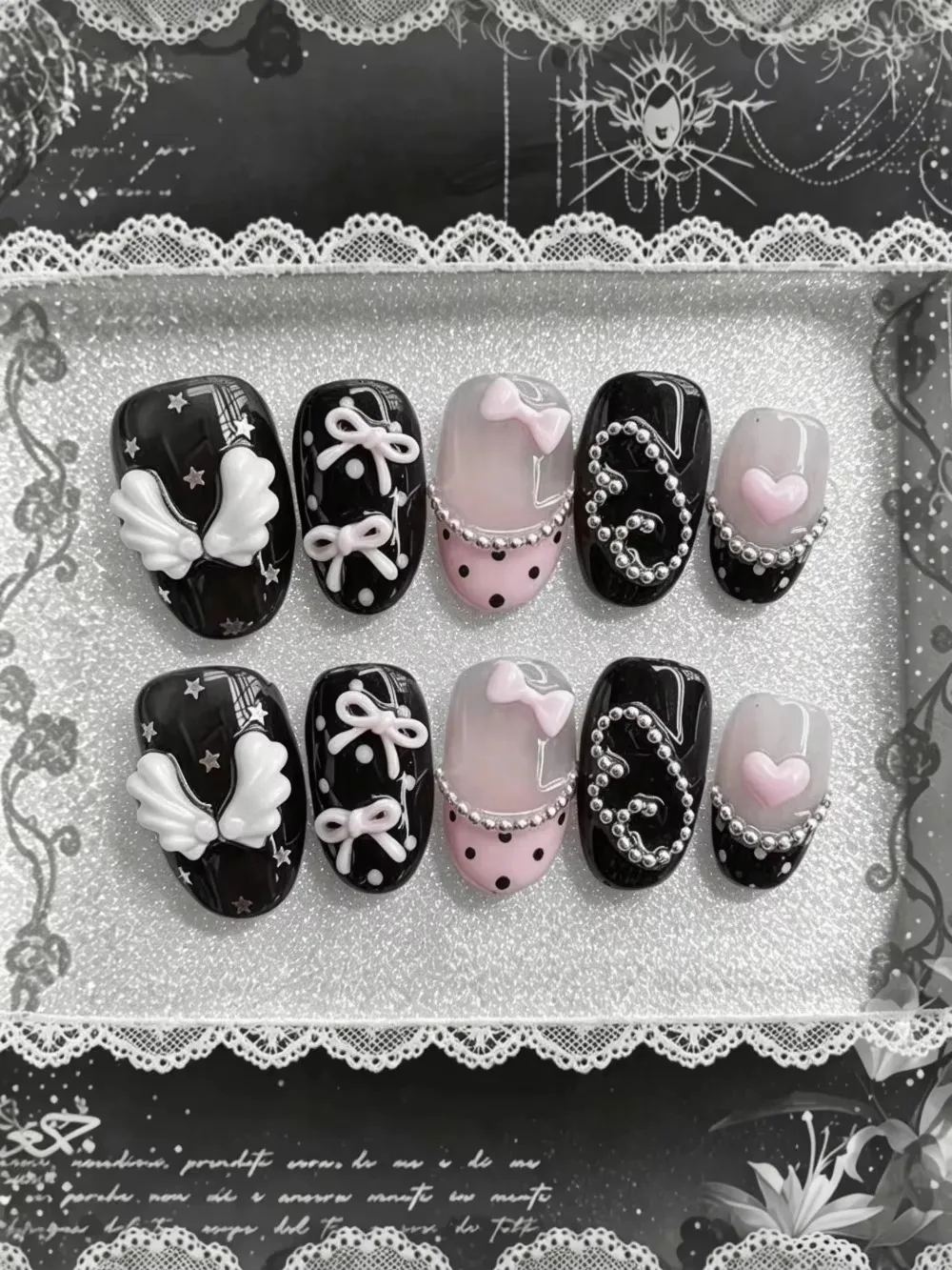 10pcs pure hand pressed short circular nail art, beautiful fake nails, sweet and cool pink bow, suitable for women to use