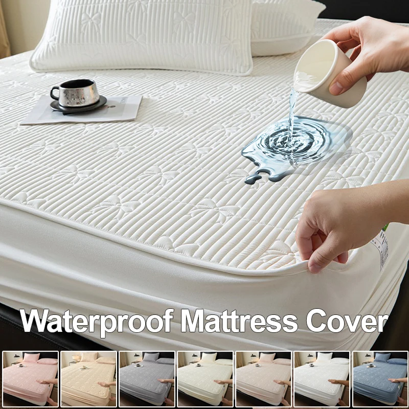 Thick Waterproof Fitted Mattress Cover Quilted Cotton Top Breathable Soft TPU Urine Proof Layer 360° Elastic Wrap for Bedroom