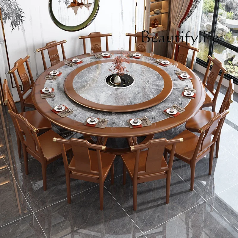 Solid Wood Dining Table and Chair Assemblage Zone Turntable Household Hotel Stone Plate Dining Table with Induction Cooker