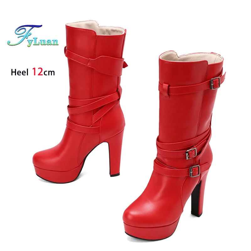 

Women Mid-calf Boots Autumn Winter 12CM Slip on Large Size Shoes For Woman Fashion PU Leather Retro Buckle Female High Heel Boot