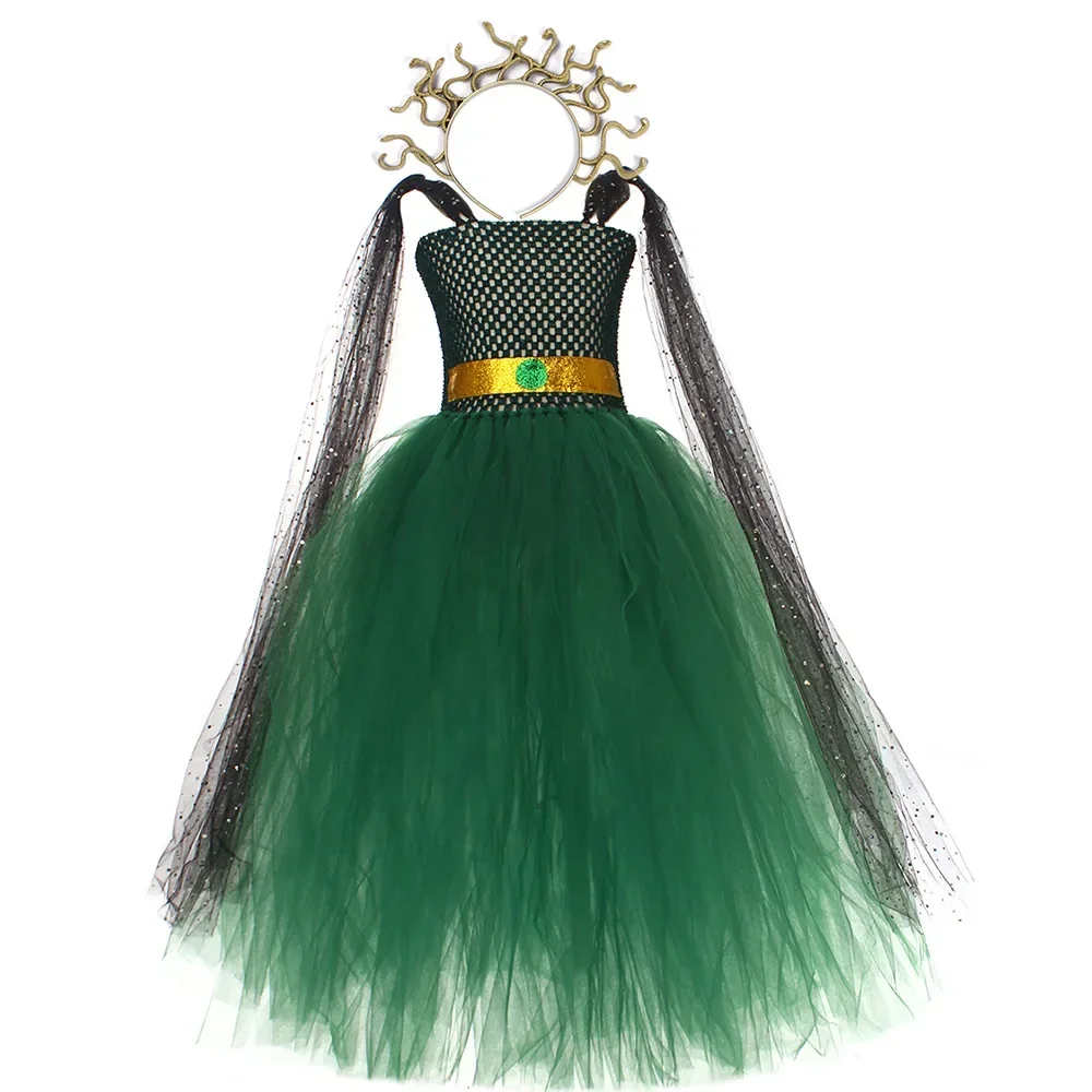 Children Medusa Cosplay Costume Girls Fancy Greek Queen Green Tutu Dress with Headband Cape Set Kids Stage Performance Costumes