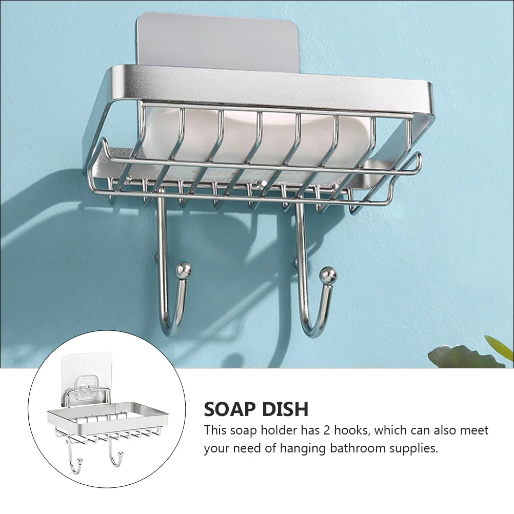 

Stainless Steel Soap Dish with Hooks Sponge Wall Mounted Holder Drainer Kitchen Tray Storage