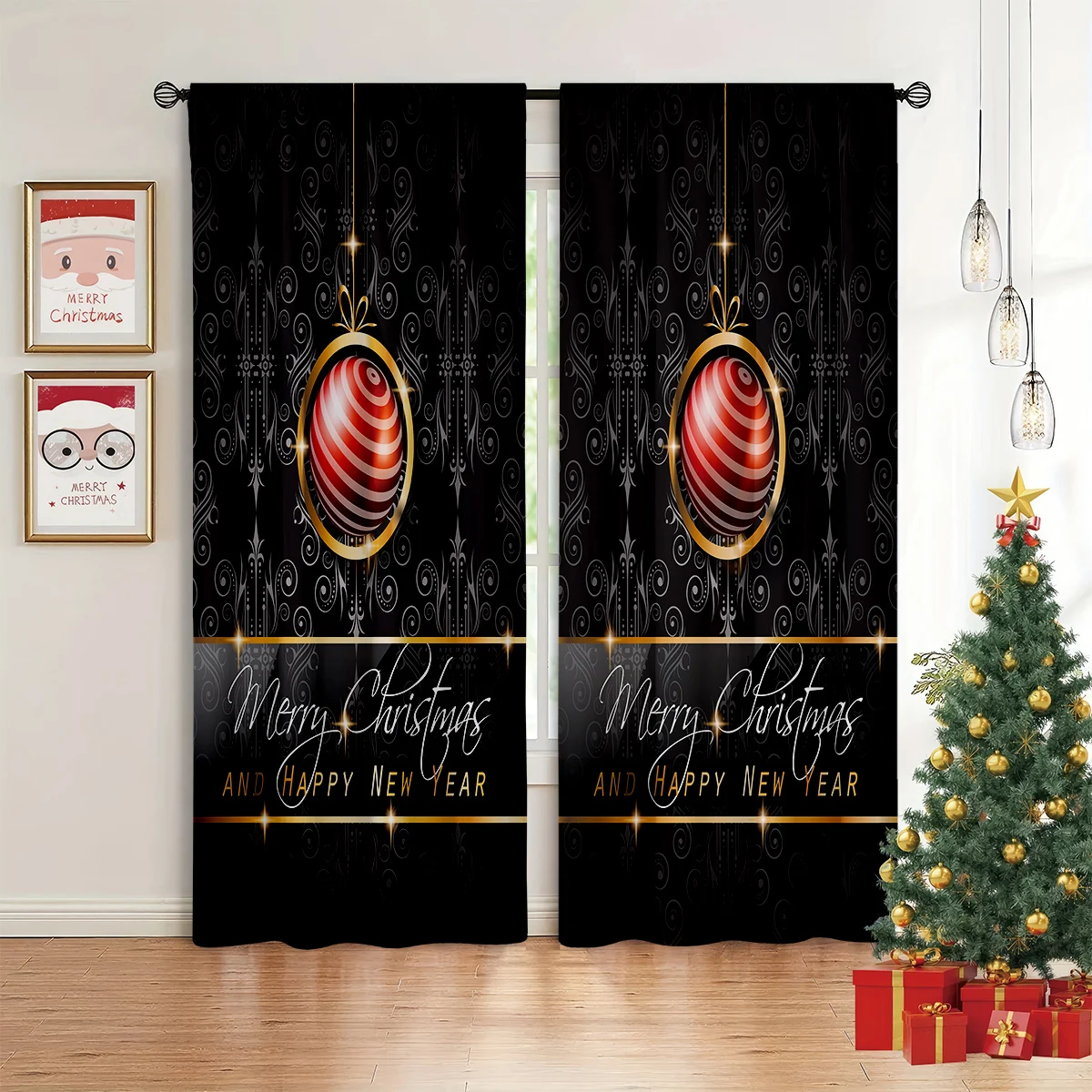 2pcs Christmas Bauble Print Curtains – 100% Polyester – Festive Holiday Party Decor for Kids' Rooms – Gift for Children