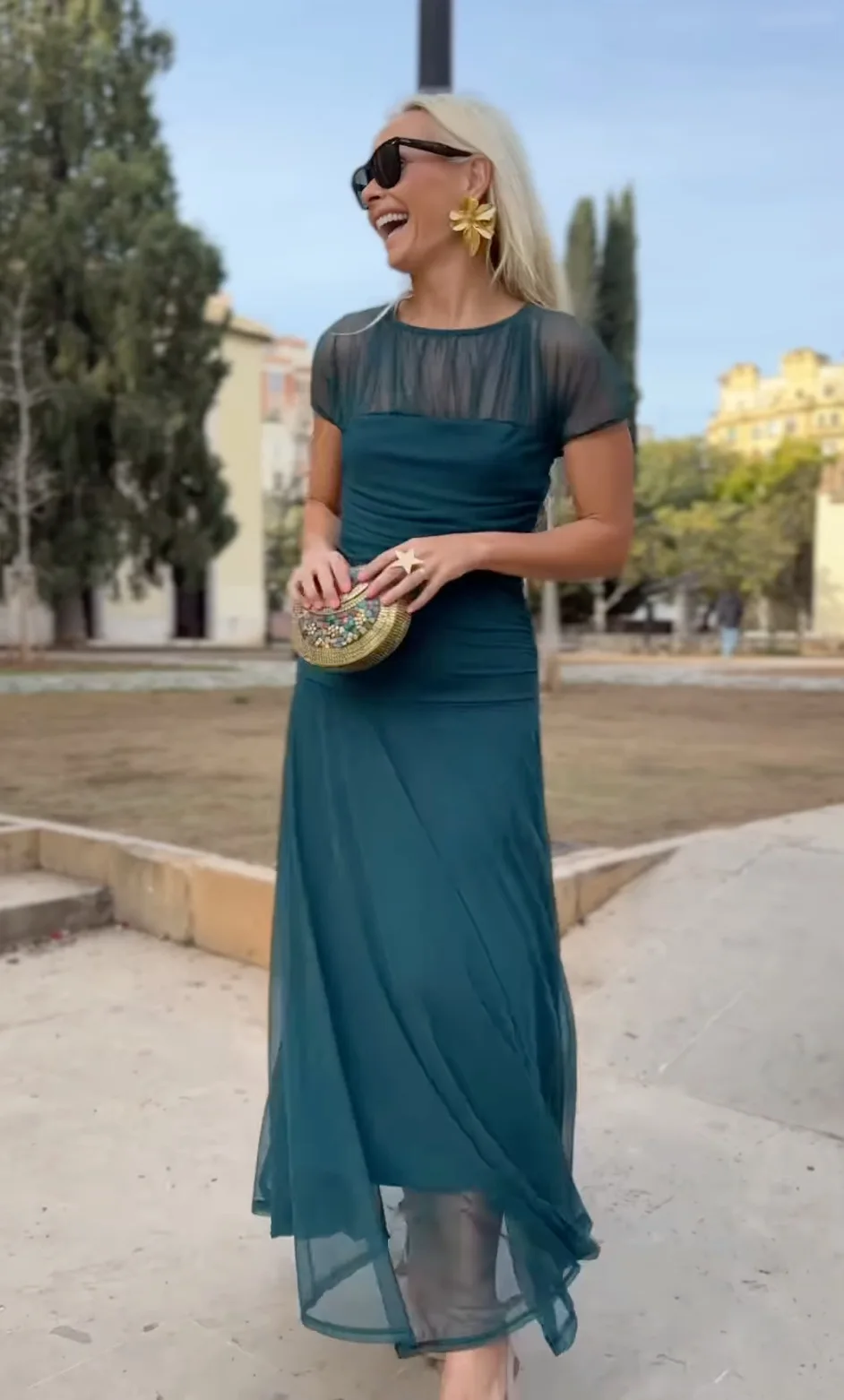 

Women Elegant Mesh Splicing Round Neck Pullover Dresses Casual Pleated High Waist Long Dress Female New Vestidos Gown Robes 2025