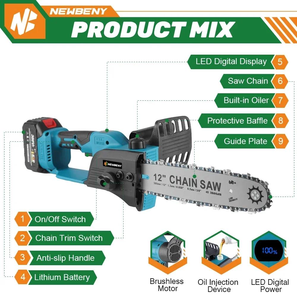 2000W 12 Inch Cordless Brushless Electric Chainsaw 18000RPM  Rechargeable Garden Wood Cutting Logging Saw For Makita 18V Battery