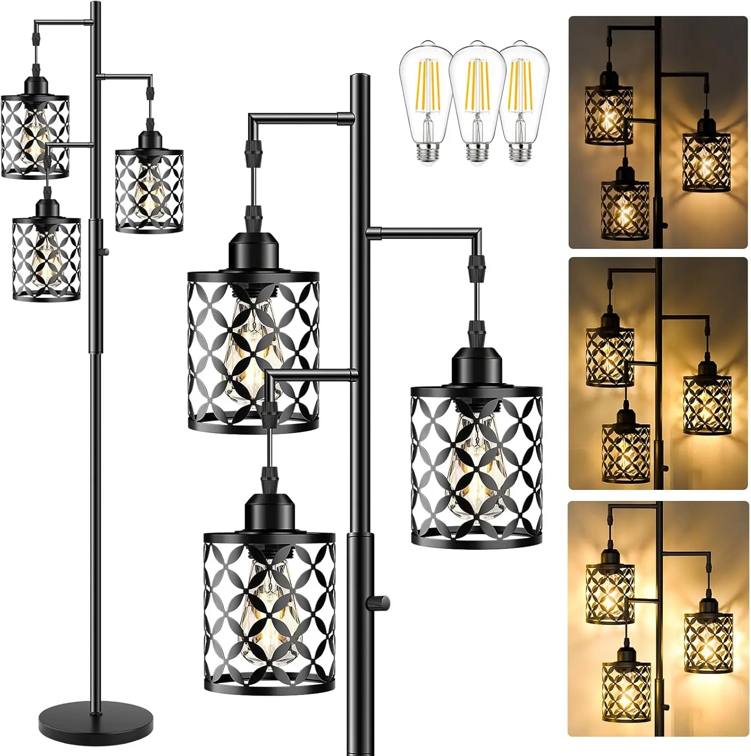 

68" Dimmable Farmhouse Floor Lamp with Metal Cage, Industrial Tall Tree Light for Living Room, Bedroom, Office - Black