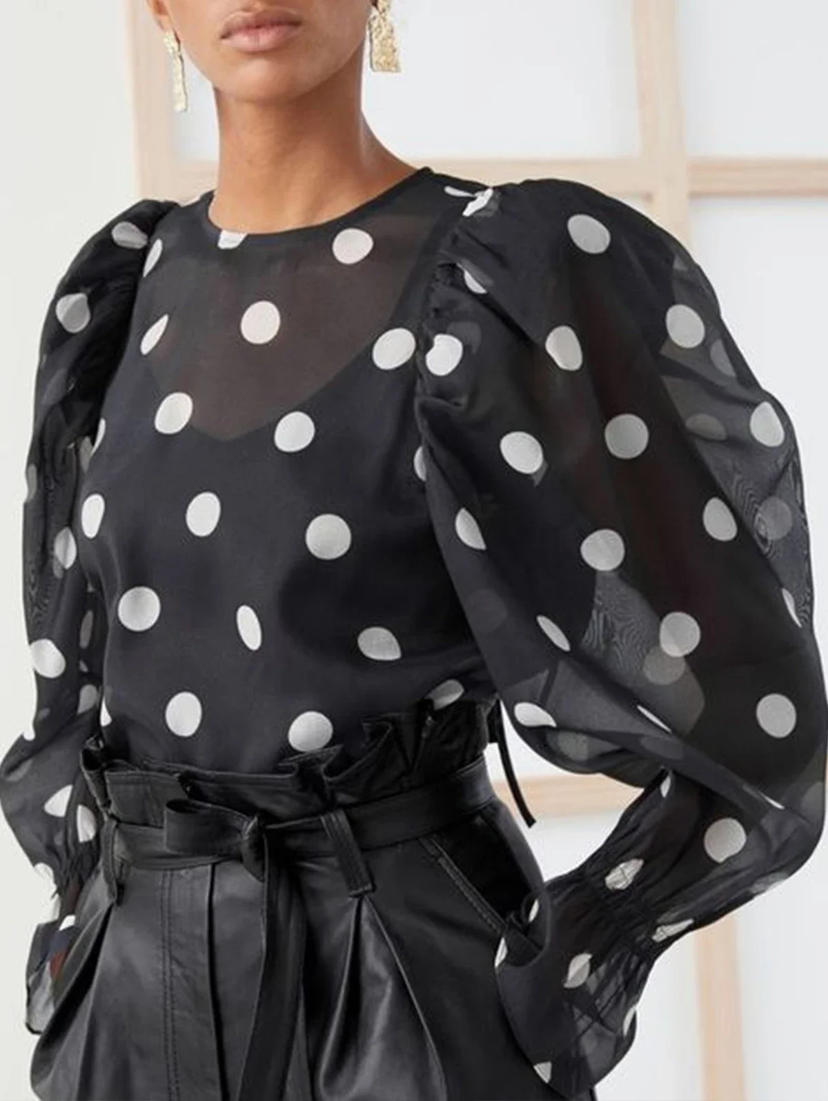 

Sheer Puff Sleeve Polka Dot Blouse Women Shirt See Through Long Sleeve Round Neck Blouse Elegant Lady Office Work Casual Wear