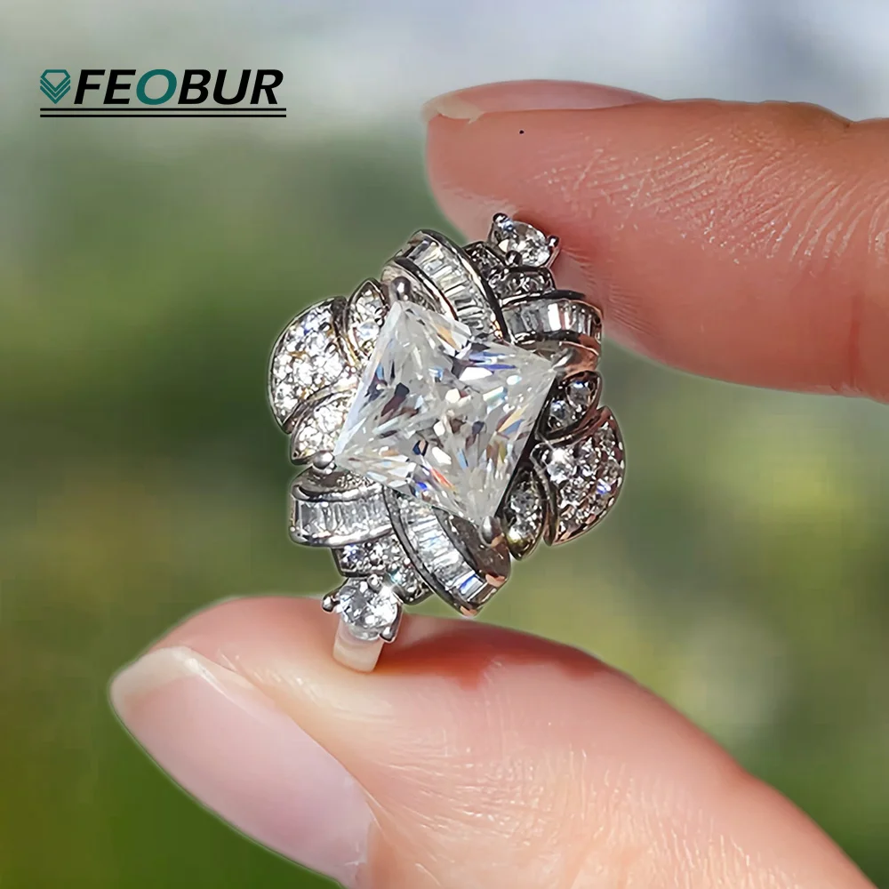 

Кольца с муассанитом и бриллиантами огранки принцессы, 2 карата, сертифицированное обручальное кольцо из стерлингового серебра 925 пробы для женщин