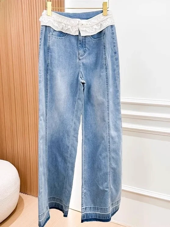 

High Waist Wide Leg Lace Patchwork Loose Fit Straight Cut Floor Length Pants Women's Jeans Casual Comfortable Breathable