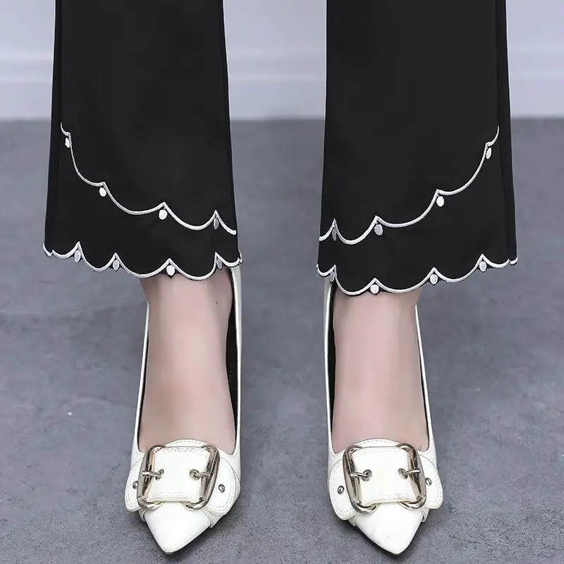 2023 Autumn Winter New Korean Edition Flare Pants Dropped High Waist Casual Pants Embroidered Slim Women\'s Crop Pants
