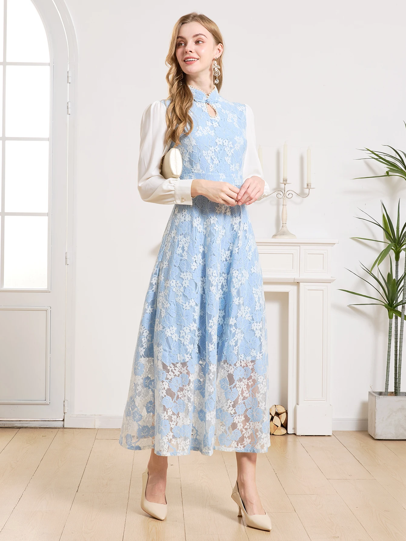 DEVCHATA Elegantes Damenkleid Frühling Sommer Luxuriöse Spitze Partykleider Langarm Dame Formelle Abendkleidung